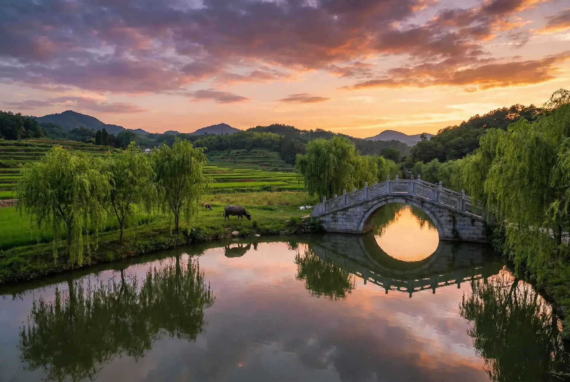 夕阳下的石拱桥与垂柳，水牛在河边吃草 - 四个军人一受多攻 乡村美景